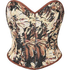 Women Black Floral Lace Up Boned Overbust Corset Top Bustier Lingerie Bodysuit